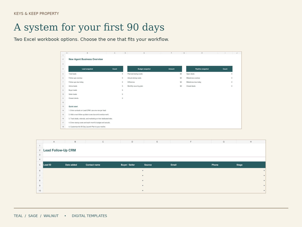 Real Estate Agent Starter Kit | Excel + Google Sheets CRM, Client Forms, Canva Cards & Social Posts | Teal Sage Walnut