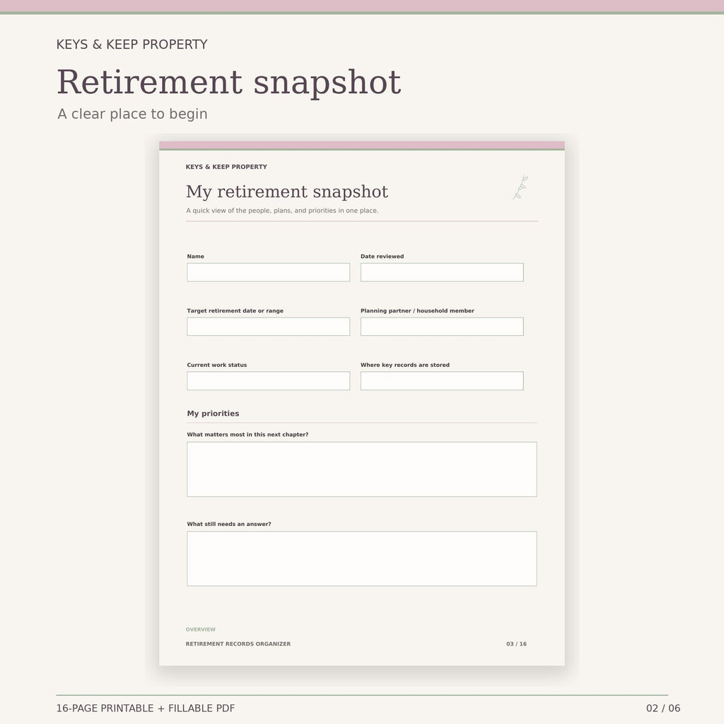 Retirement Records Organizer | 16-Page Fillable & Printable PDF, Accounts and Documents