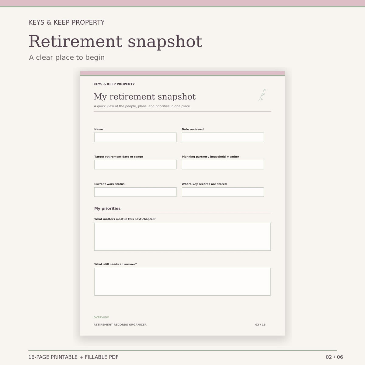 Retirement Records Organizer | 16-Page Fillable & Printable PDF, Accounts and Documents
