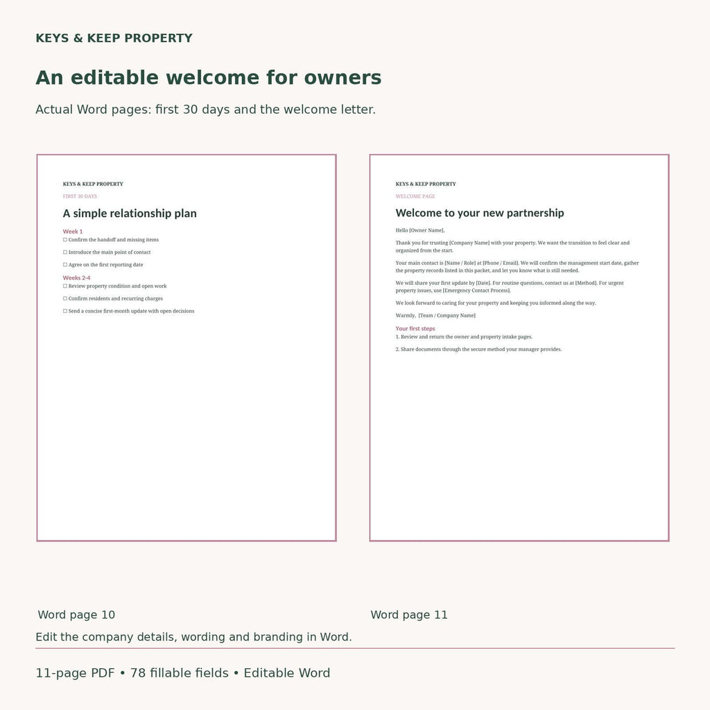 Property Management Onboarding Kit | Owner Intake Forms and Handoff Checklist | Fillable PDF + Editable Word