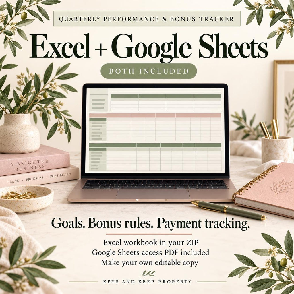 Quarterly Performance and Bonus Tracker | Excel & Google Sheets | Company Goals and Payment Tracking