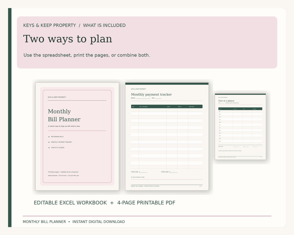 Monthly Bill Planner cover, payment tracker, and yearly overview previews beneath Two ways to plan.