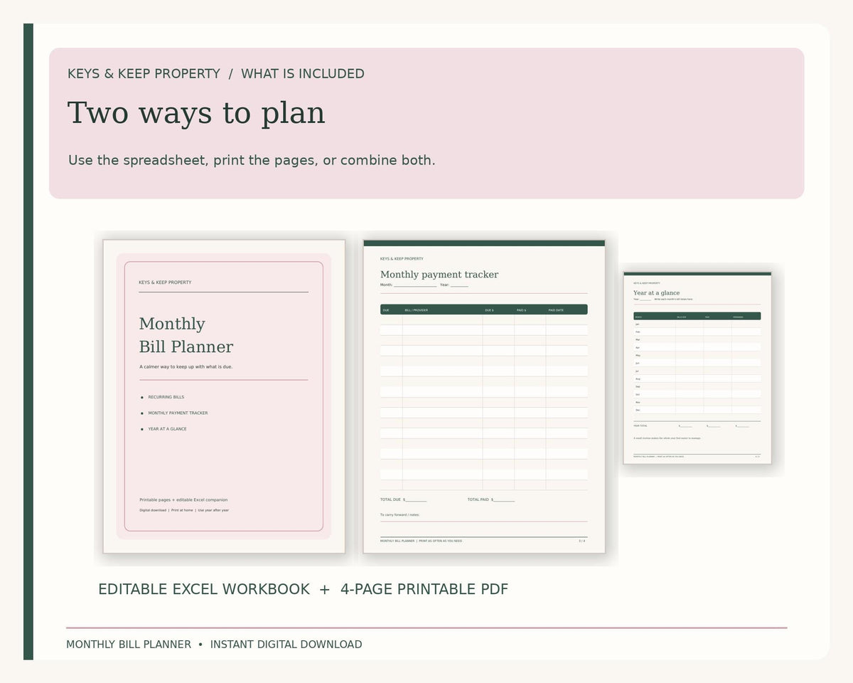 Monthly Bill Planner cover, payment tracker, and yearly overview previews beneath Two ways to plan.