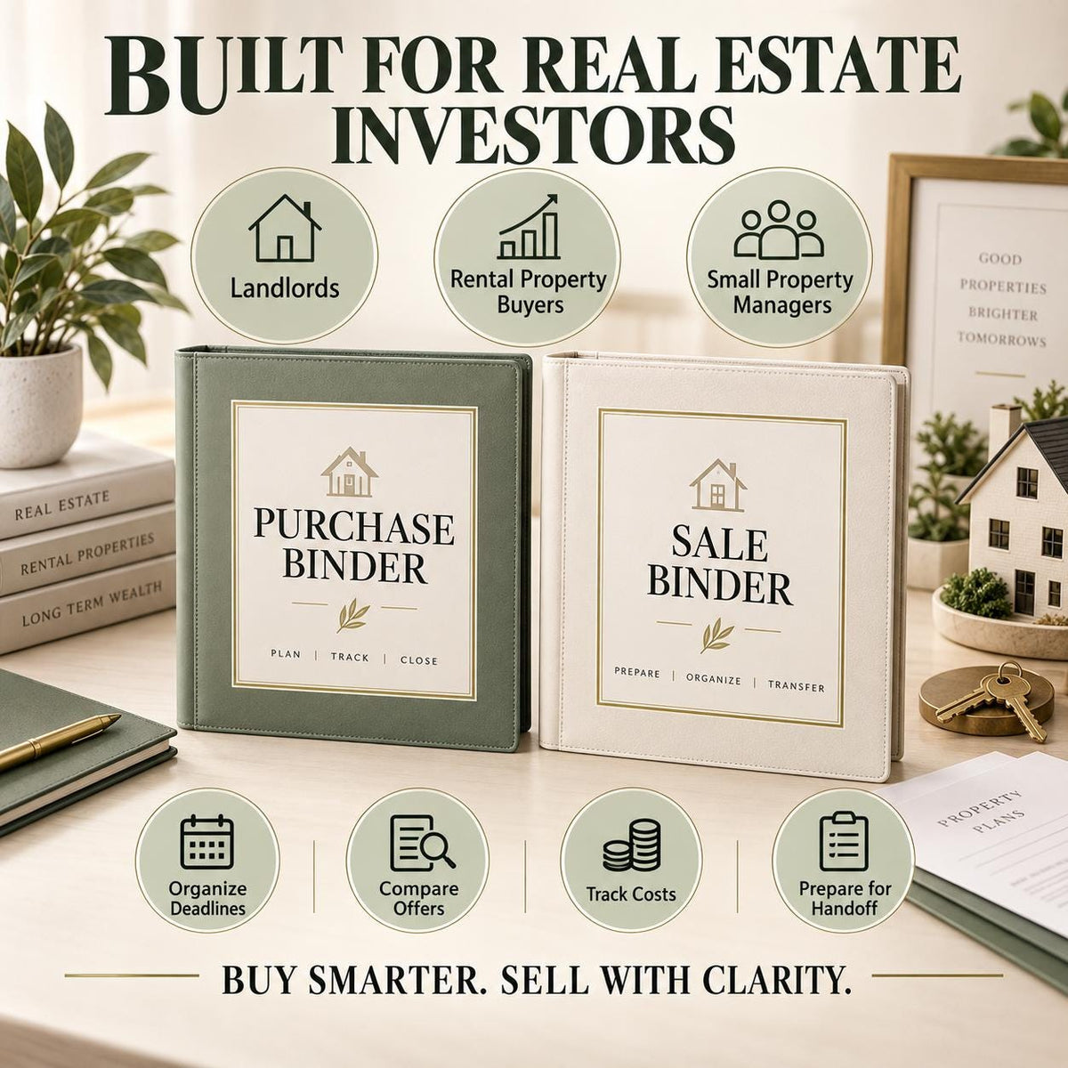 Green purchase and cream sale binders below landlord, rental-buyer, and property-manager icons with four workflow icons.