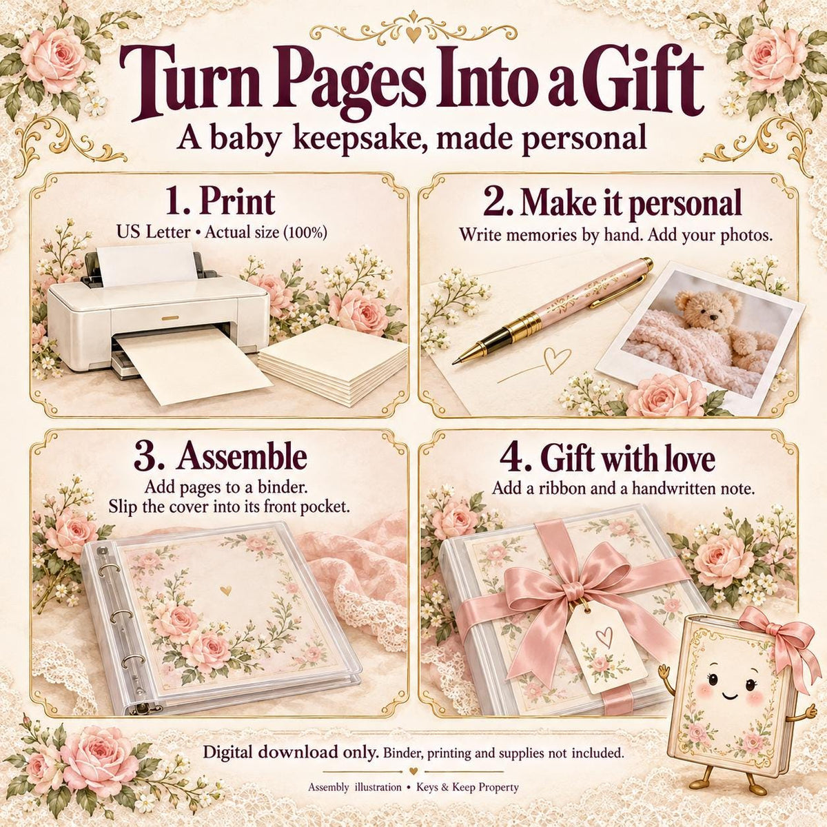Baby Memory Book Printable, Victorian Floral Cover, 20-Page Keepsake (PDF)