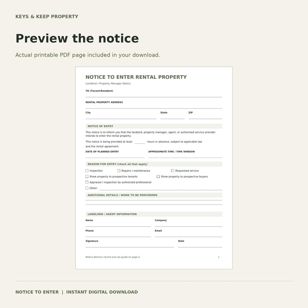 Notice to Enter Rental Property form preview with tenant, property, planned entry, reason, and agent-information fields.