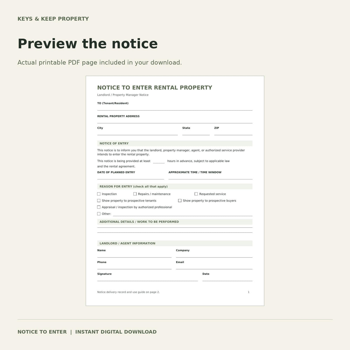Notice to Enter Rental Property | 2-Page Printable & Fillable PDFs, Landlord Entry Form