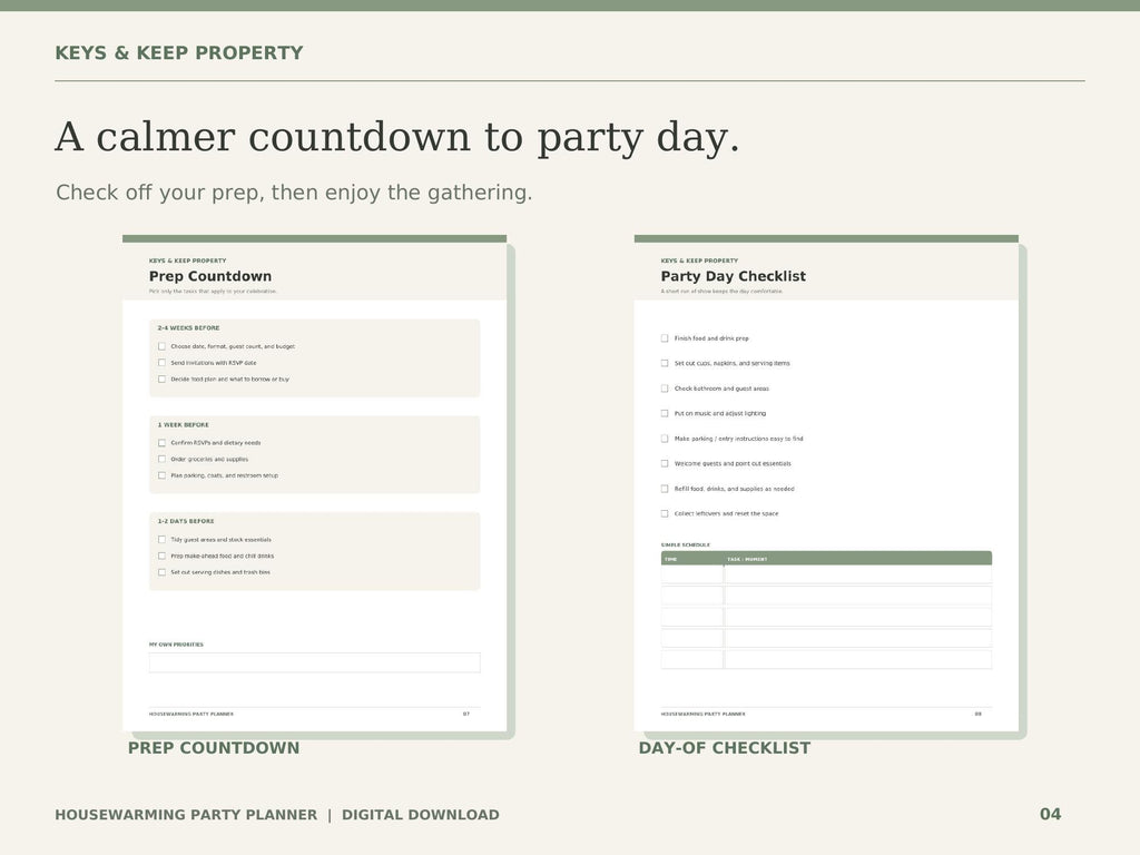Housewarming Party Planner | Guest List, Budget, Menu and Prep Checklist | 10-Page Printable + Fillable PDF