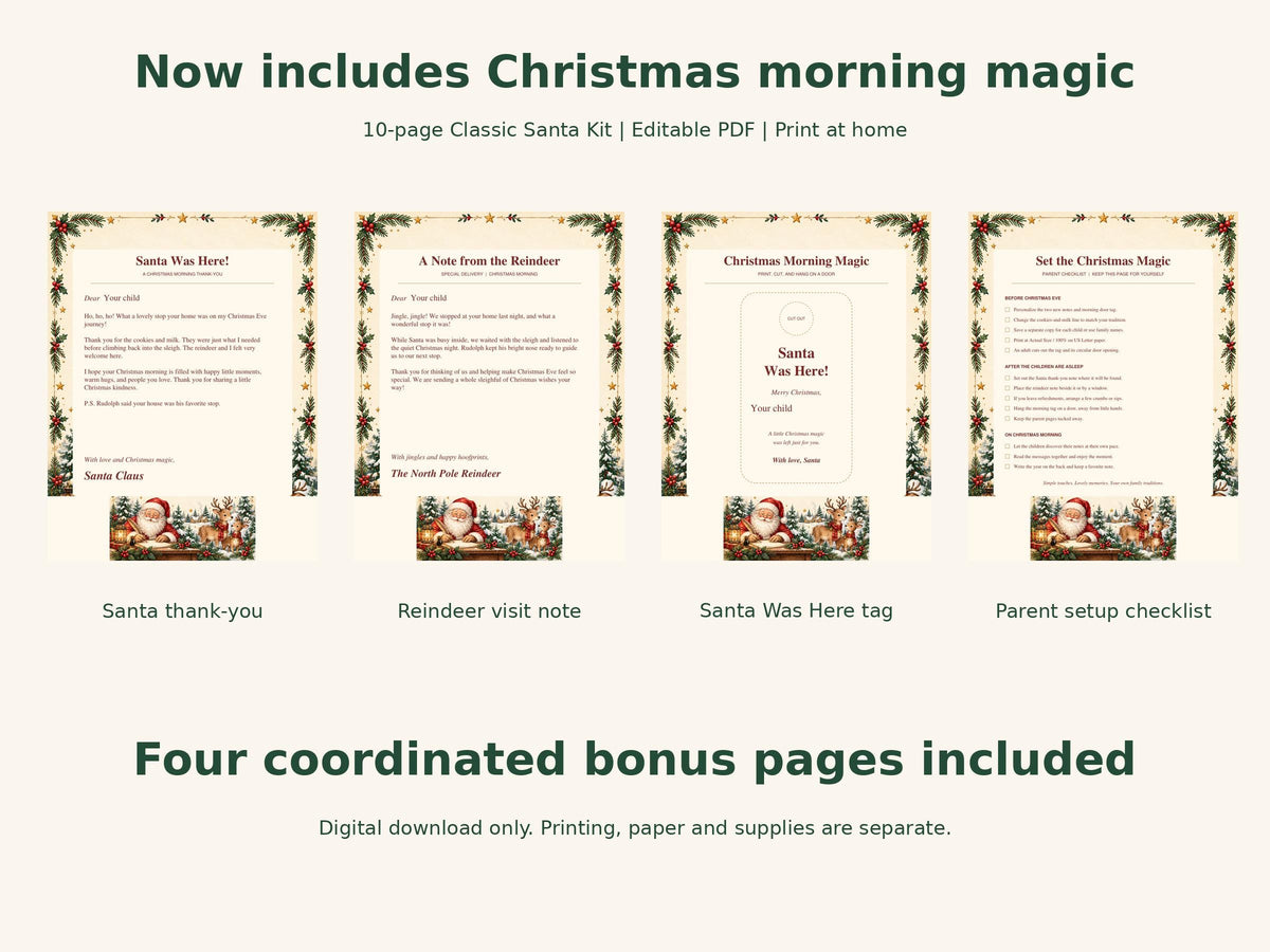 Letter from Santa Printable Kit | Editable PDF, Nice List and Certificate + Christmas Morning Extras | Classic Christmas