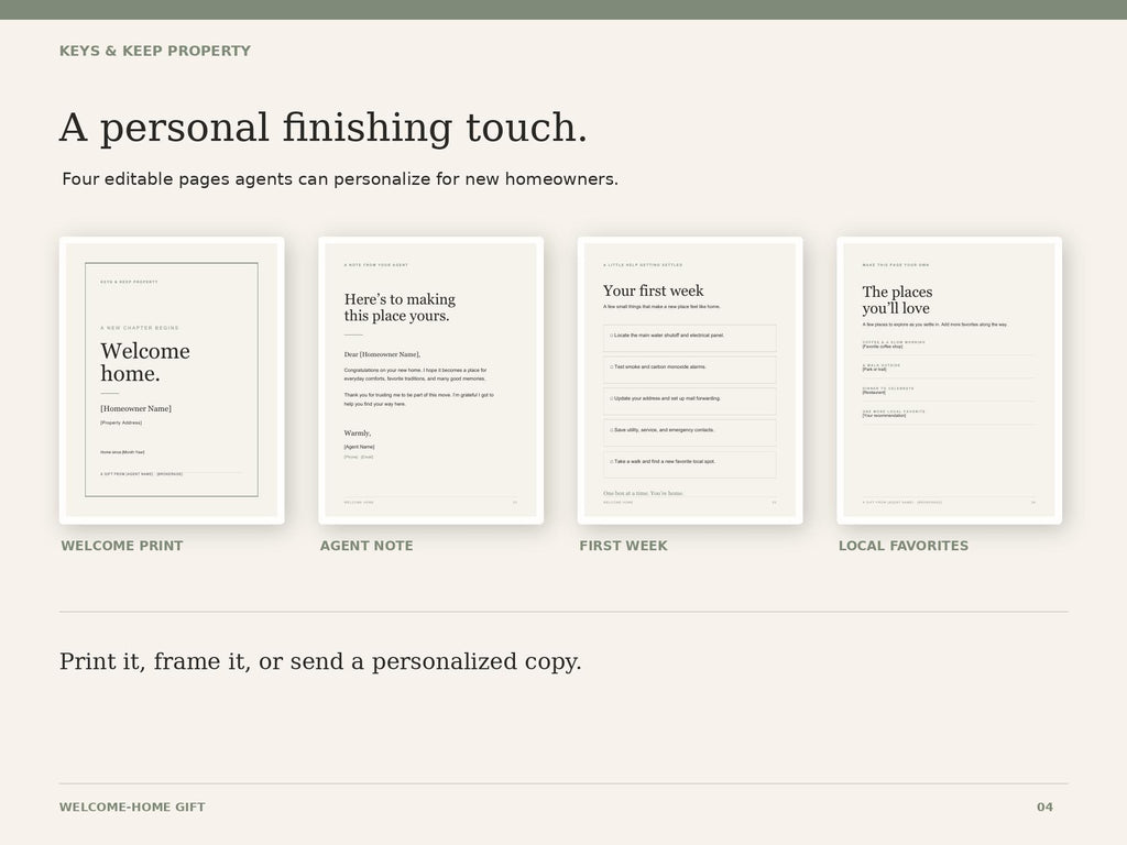 Welcome-home gift previews showing a welcome print, agent note, first-week checklist, and local favorites page.