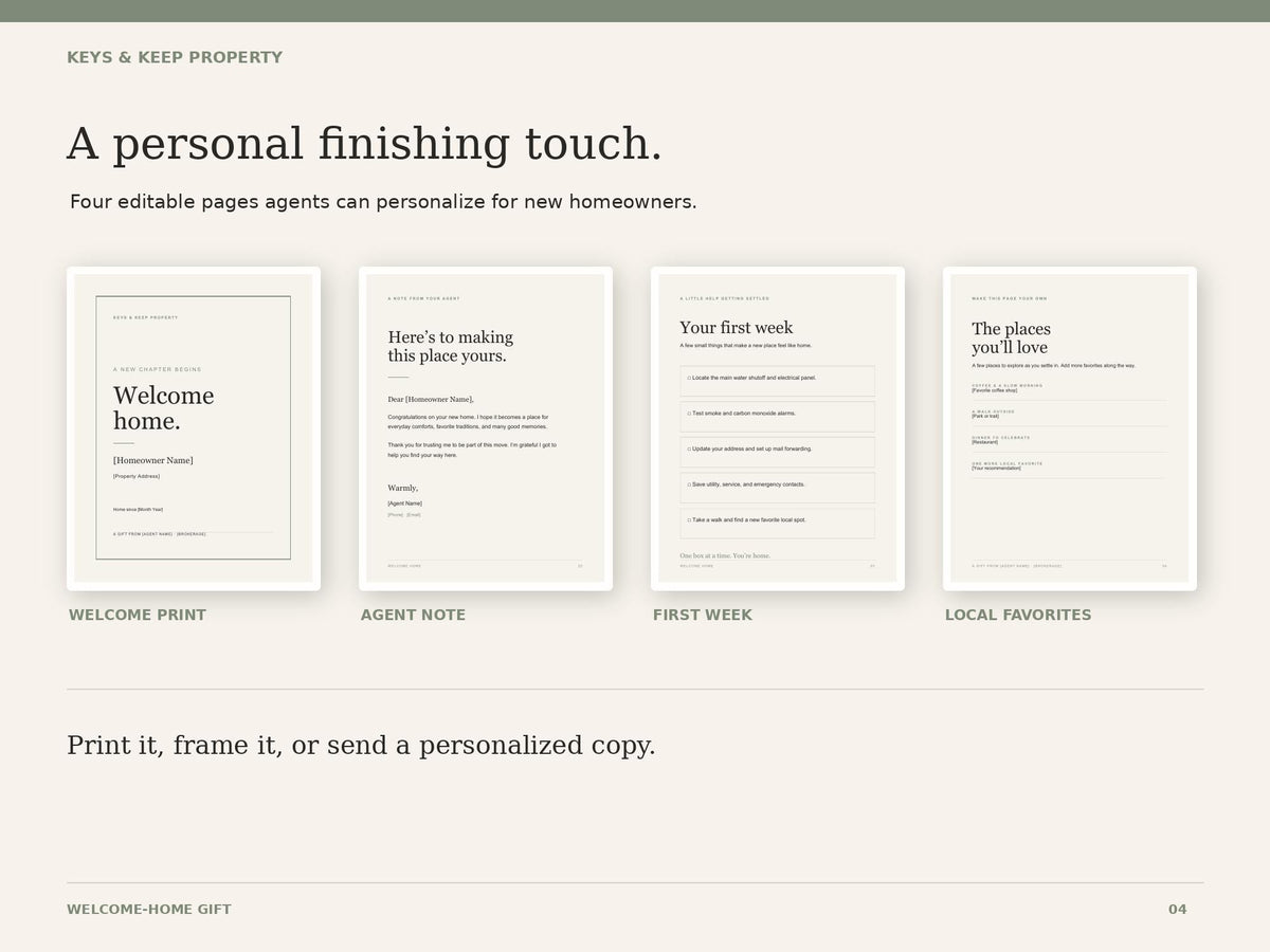Welcome-home gift previews showing a welcome print, agent note, first-week checklist, and local favorites page.