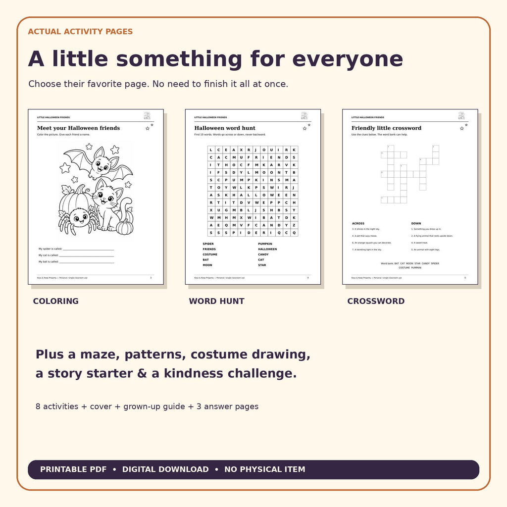 Halloween activity previews showing bat, cat, and spider coloring, a word hunt, and a crossword puzzle.