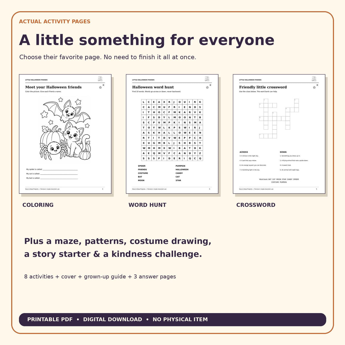 Halloween Activity Book for Kids | Cute Cat, Bat and Spider Coloring, Word Search, Crossword and Maze | 13-Page Printable PDF