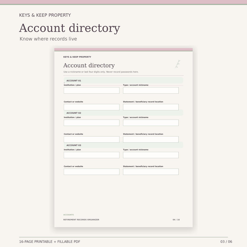 Retirement Records Organizer | 16-Page Fillable & Printable PDF, Accounts and Documents