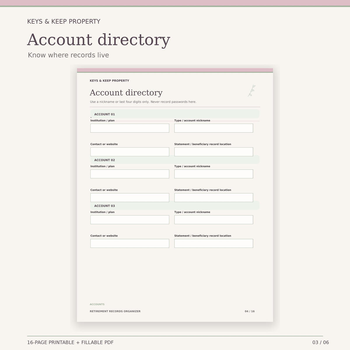 Retirement Records Organizer | 16-Page Fillable & Printable PDF, Accounts and Documents