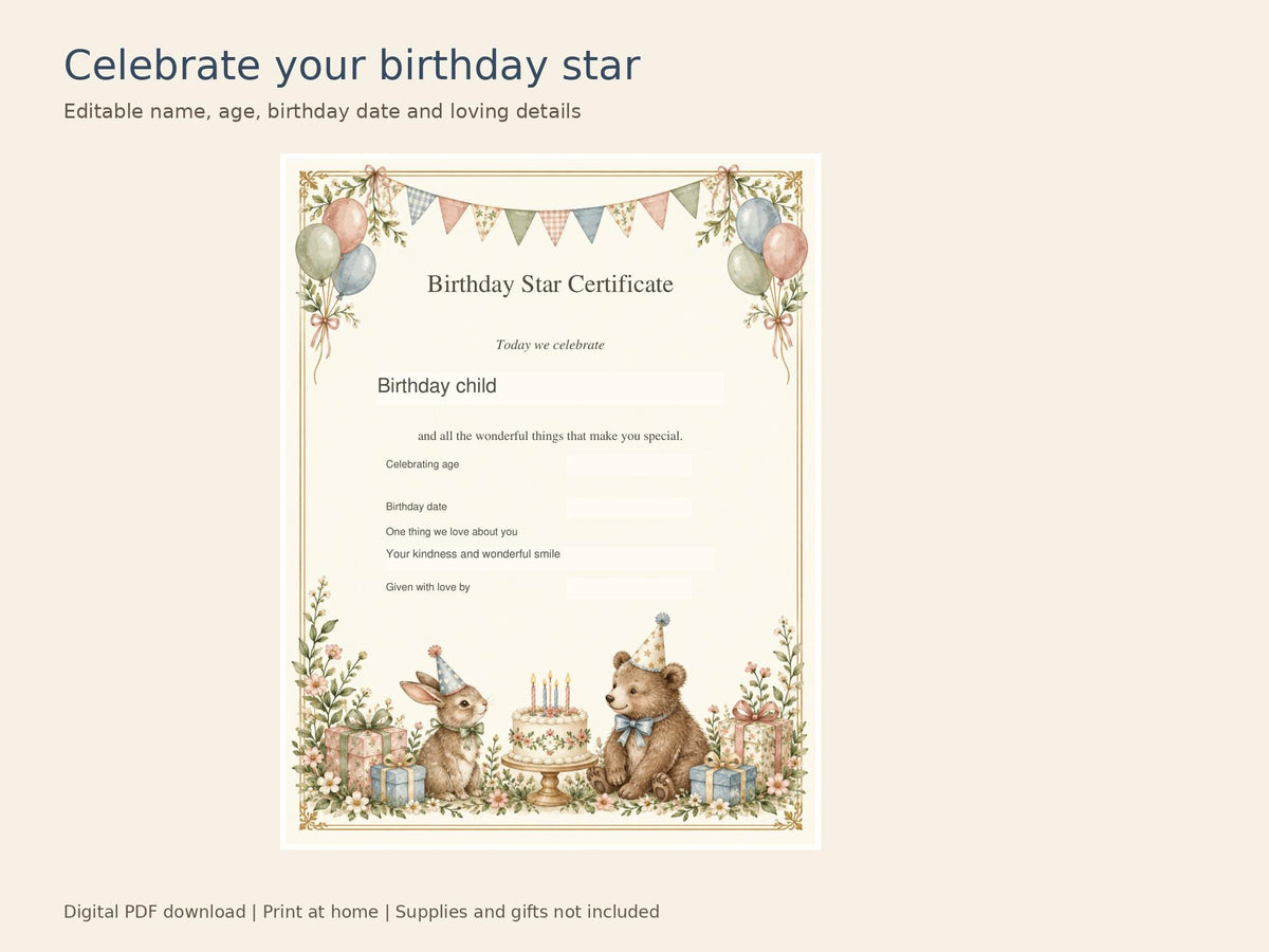 Birthday Letter Printable Kit | Editable PDF, Certificate, Door Hanger and Postcard | Storybook Celebration