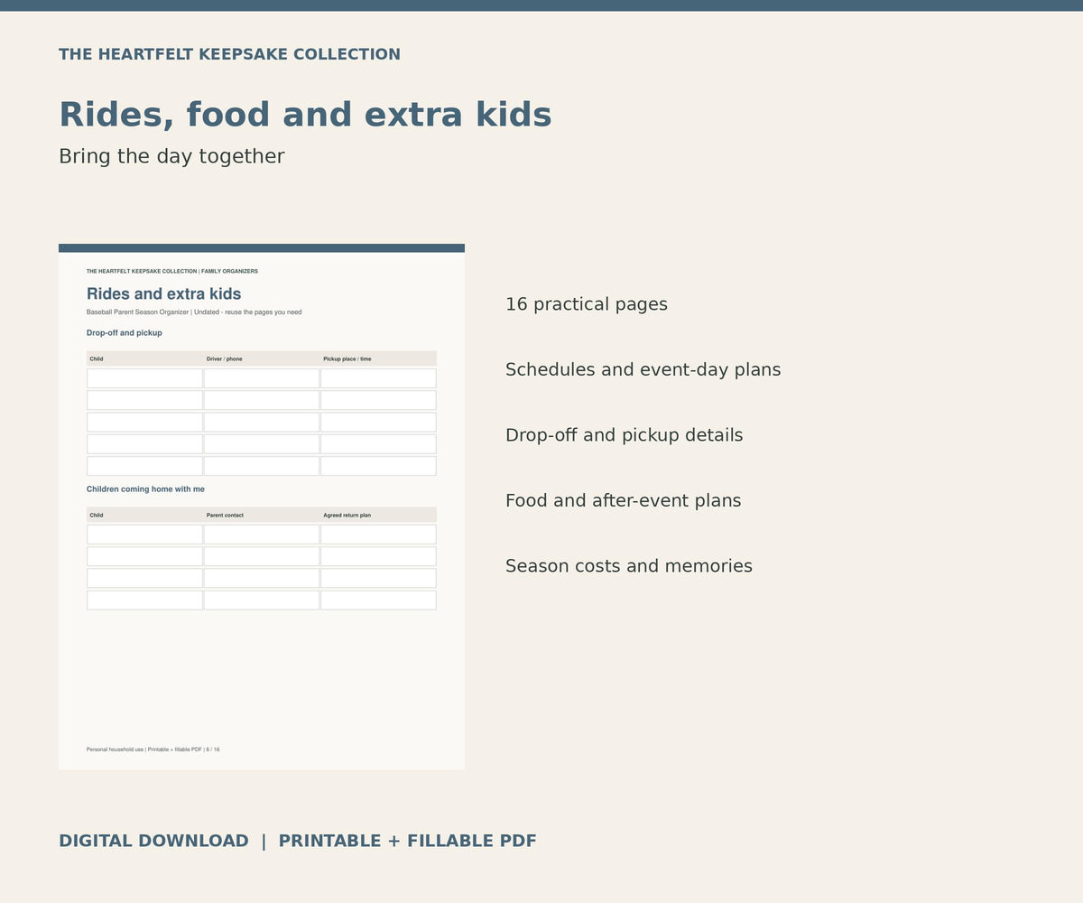 Baseball Parent Season Organizer | Printable and Fillable PDF, Game Schedule, Rides, Food and Jerseys