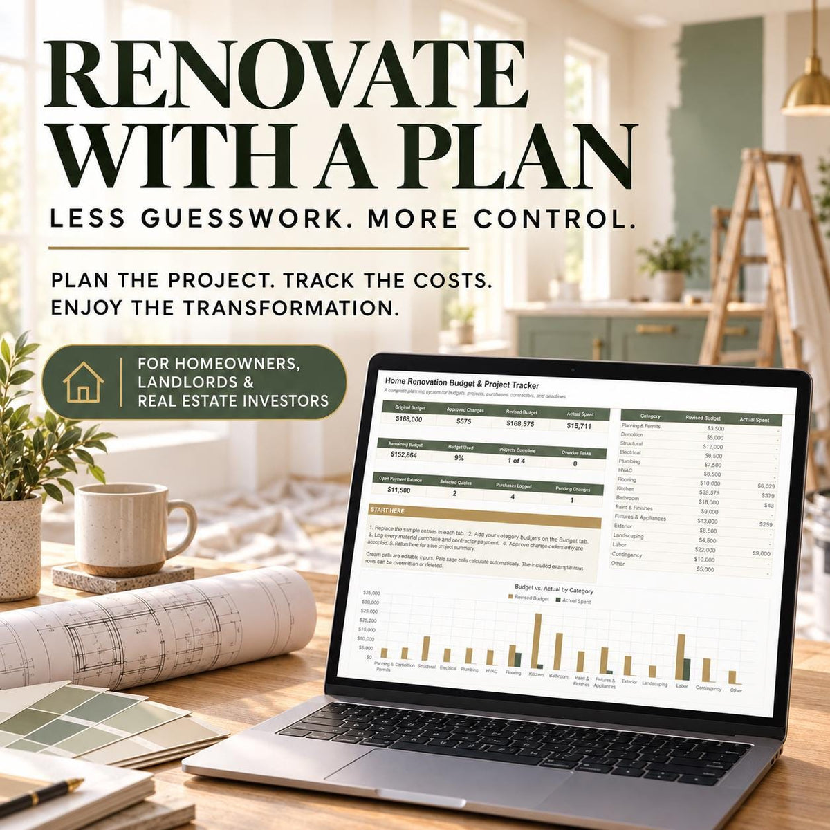 Home Renovation Budget Tracker | Excel & Google Sheets | Project, Contractor and Quote Spreadsheet