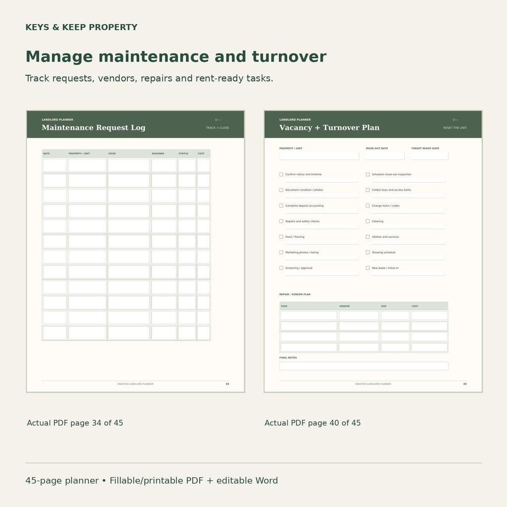 Landlord Planner | Rent, Tenant, Maintenance and Expense Records | 45-Page Fillable + Printable PDF and Editable Word