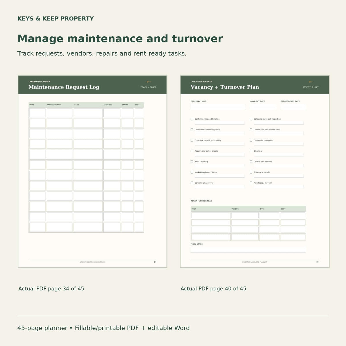 Landlord Planner | Rent, Tenant, Maintenance and Expense Records | 45-Page Fillable + Printable PDF and Editable Word