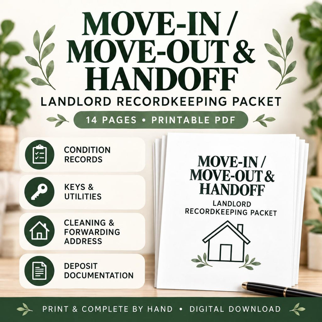 Landlord Move-In Move-Out Packet | Property Condition, Keys and Handoff Records | 14-Page Printable PDF