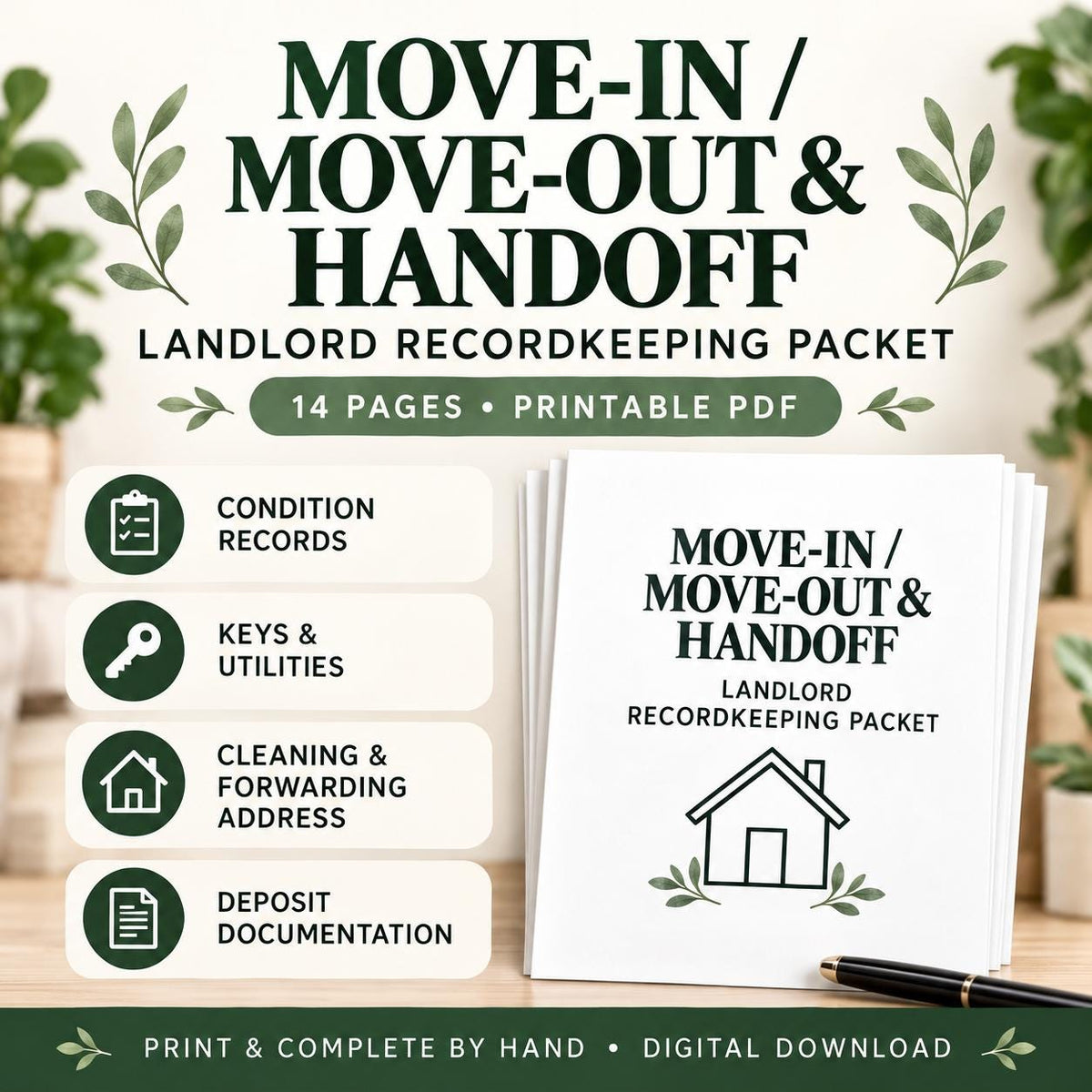 Landlord Move-In Move-Out Packet | Property Condition, Keys and Handoff Records | 14-Page Printable PDF
