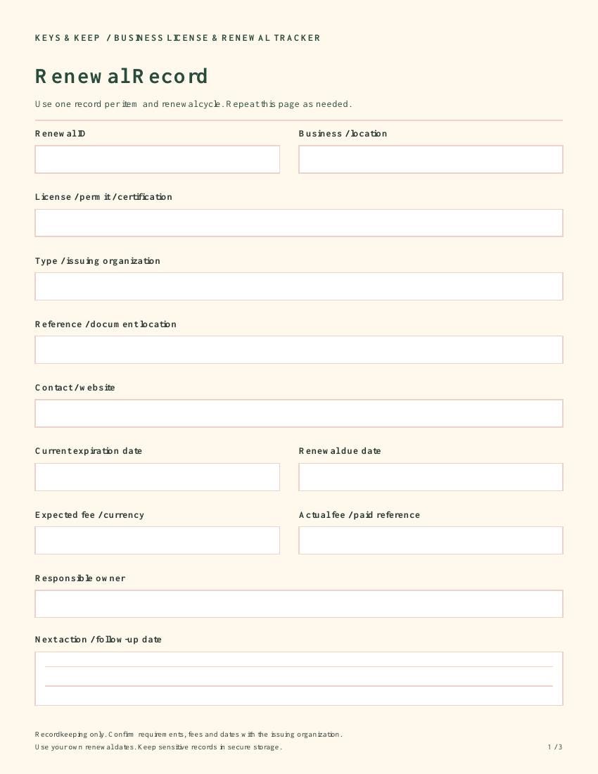 Business License & Renewal Tracker | Excel + Google Sheets Permit Organizer + Printable Forms