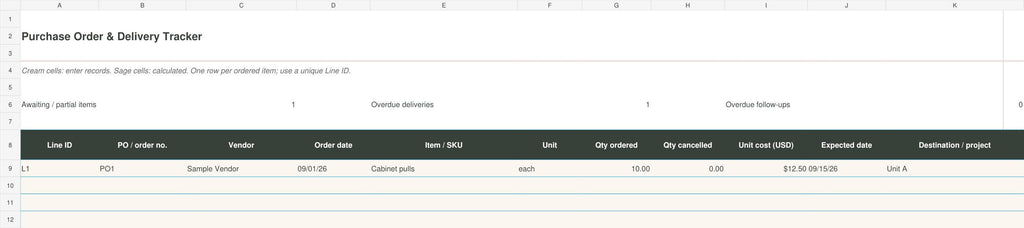 Purchase Order & Delivery Tracker | Excel and Google Sheets Shipment Log + Receiving Checklists