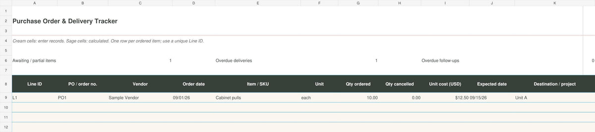Purchase Order & Delivery Tracker | Excel and Google Sheets Shipment Log + Receiving Checklists