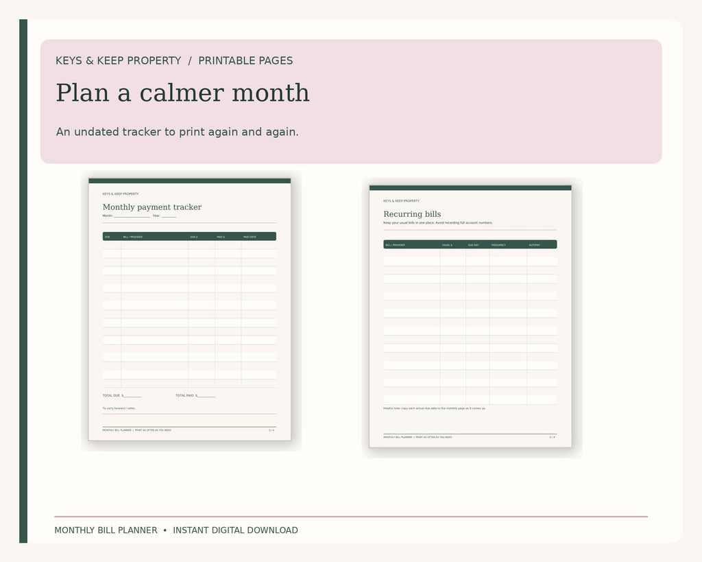 Monthly Payment Tracker and Recurring Bills printable previews beneath Plan a calmer month on a pink and cream layout.