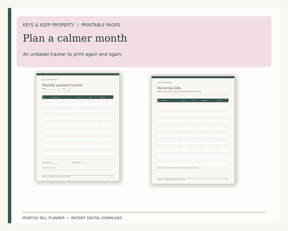 Monthly Bill Tracker and Organizer | Excel + Google Sheets, Printable Planner | Recurring Bills and Payment Log
