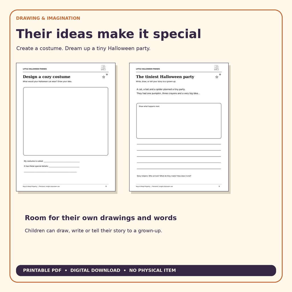 Halloween costume drawing worksheet beside a tiny Halloween party story starter with drawing and writing space.