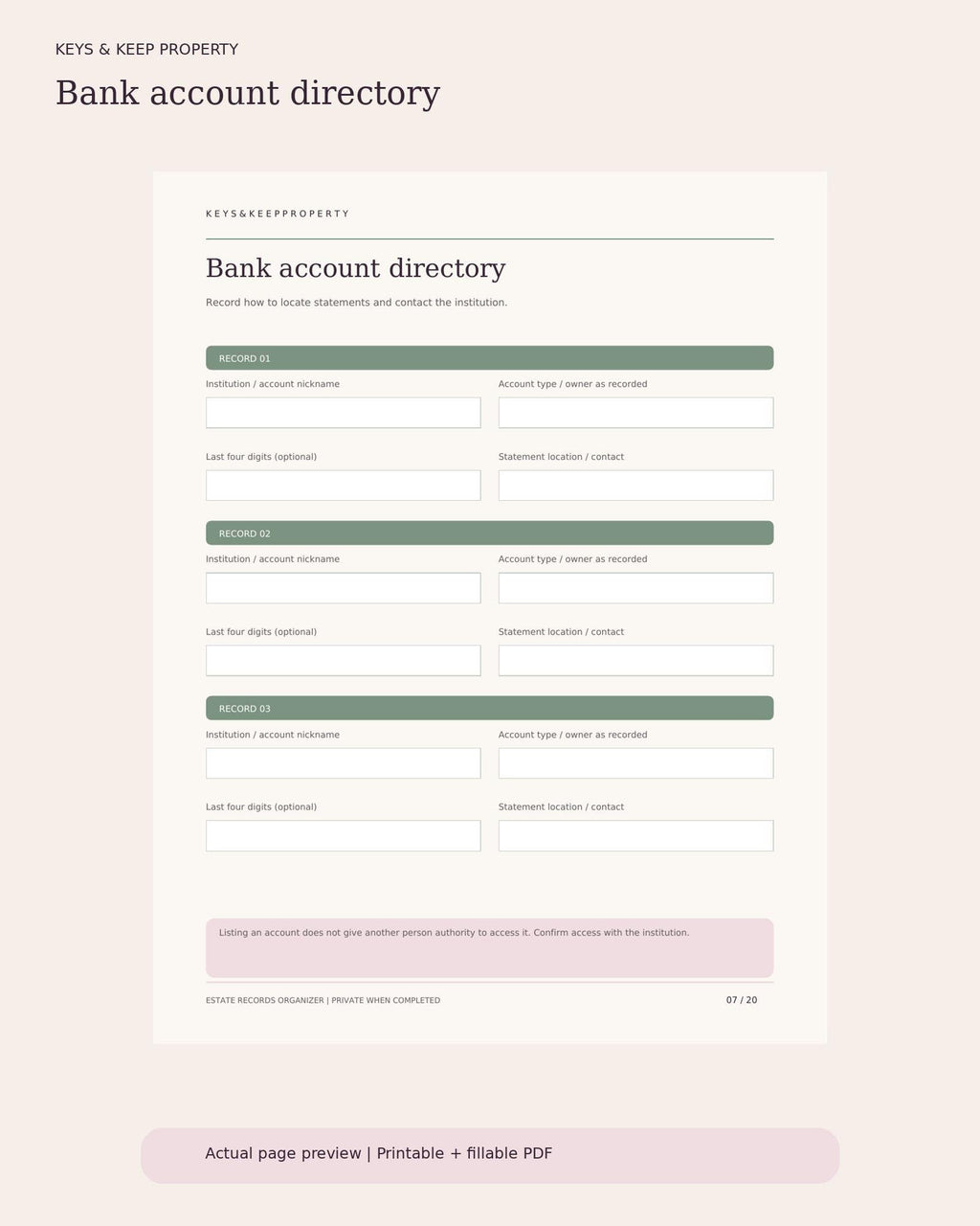 Estate Planning Records Organizer | 20-Page Fillable PDF Binder, Important Documents, Accounts & Family Contacts