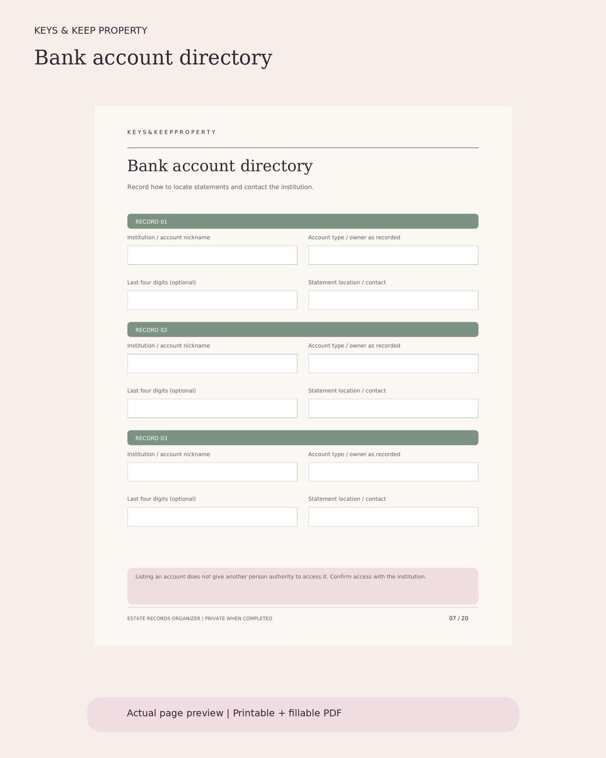 Estate Planning Records Organizer | 20-Page Fillable PDF Binder, Important Documents, Accounts & Family Contacts
