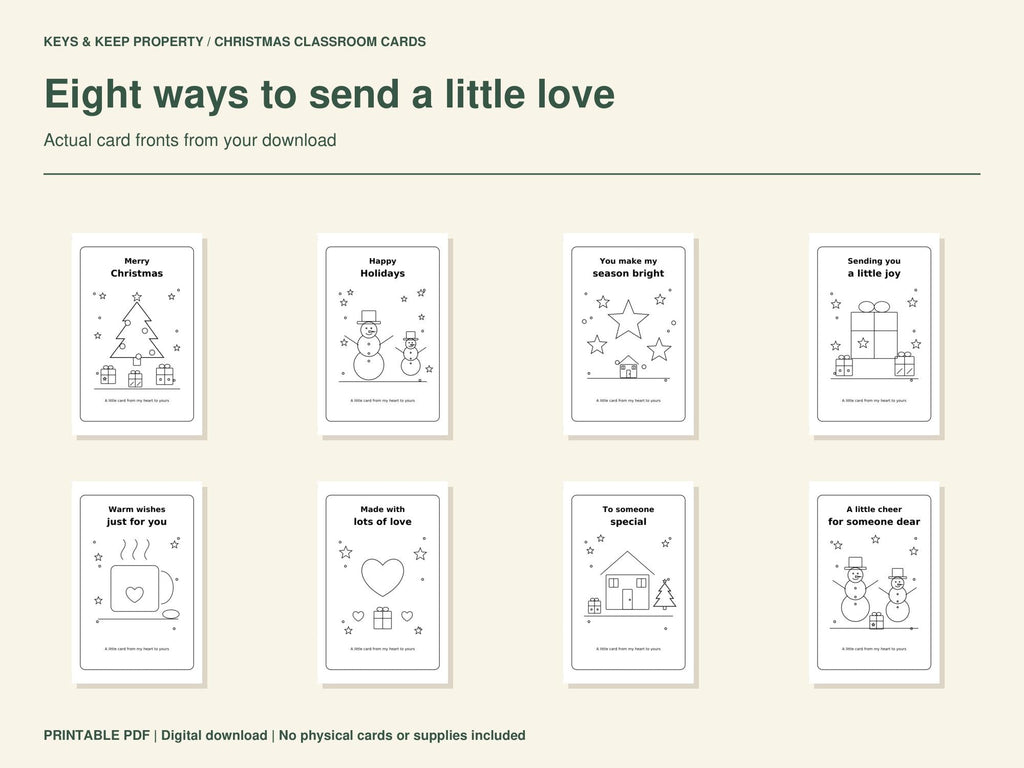 Eight Christmas coloring card designs featuring a tree, snowmen, stars, gifts, a mug, hearts, and a house.