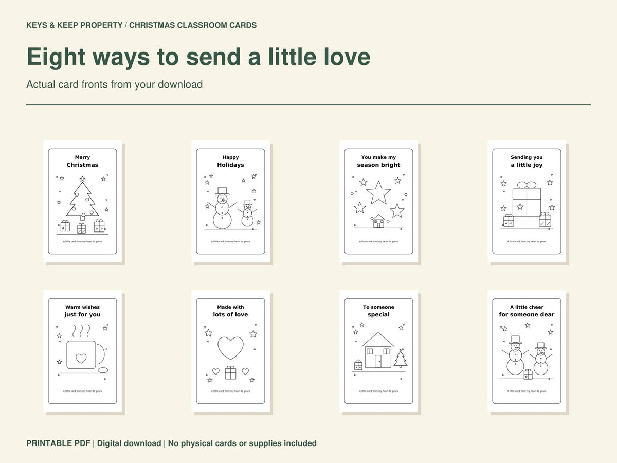 Christmas Cards for Kids to Color | Classroom Cards for Parents & Family | 8 Designs + Inside Pages | Printable PDF
