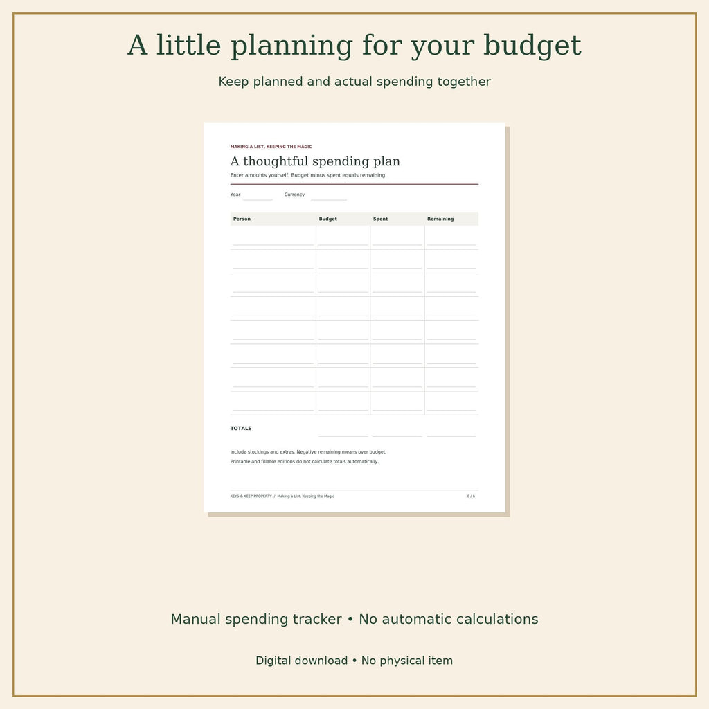 Christmas spending-plan worksheet with person, budget, spent, and remaining columns beneath budget-planning guidance.