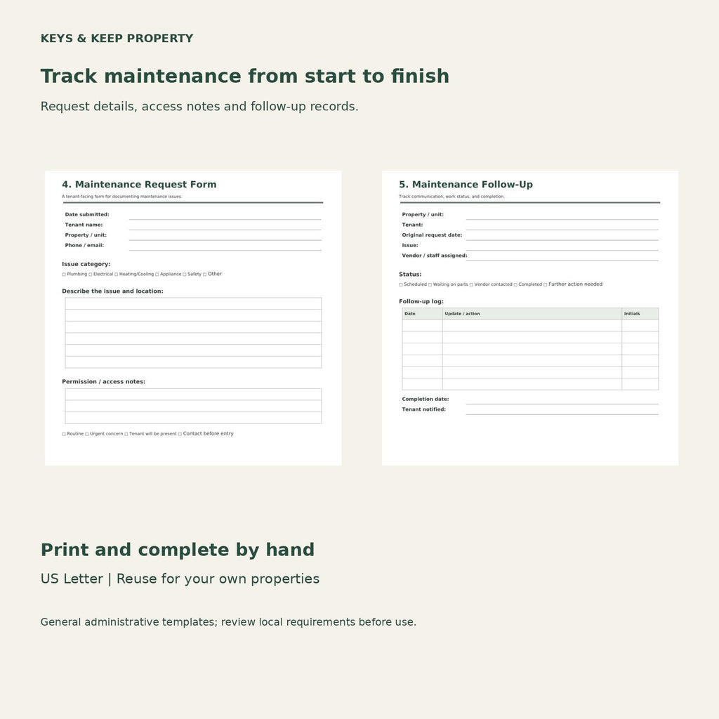 Landlord Forms Bundle | Tenant Notices, Maintenance Requests and Move-In/Out Checklists | 10 Printable PDF Forms