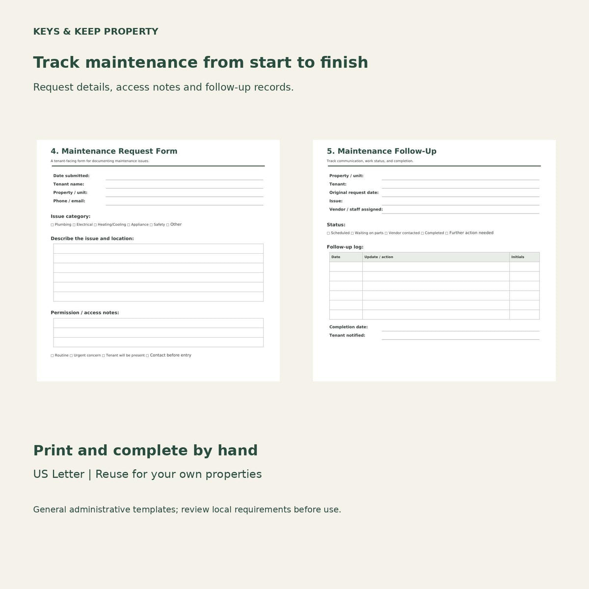 Landlord Forms Bundle | Tenant Notices, Maintenance Requests and Move-In/Out Checklists | 10 Printable PDF Forms