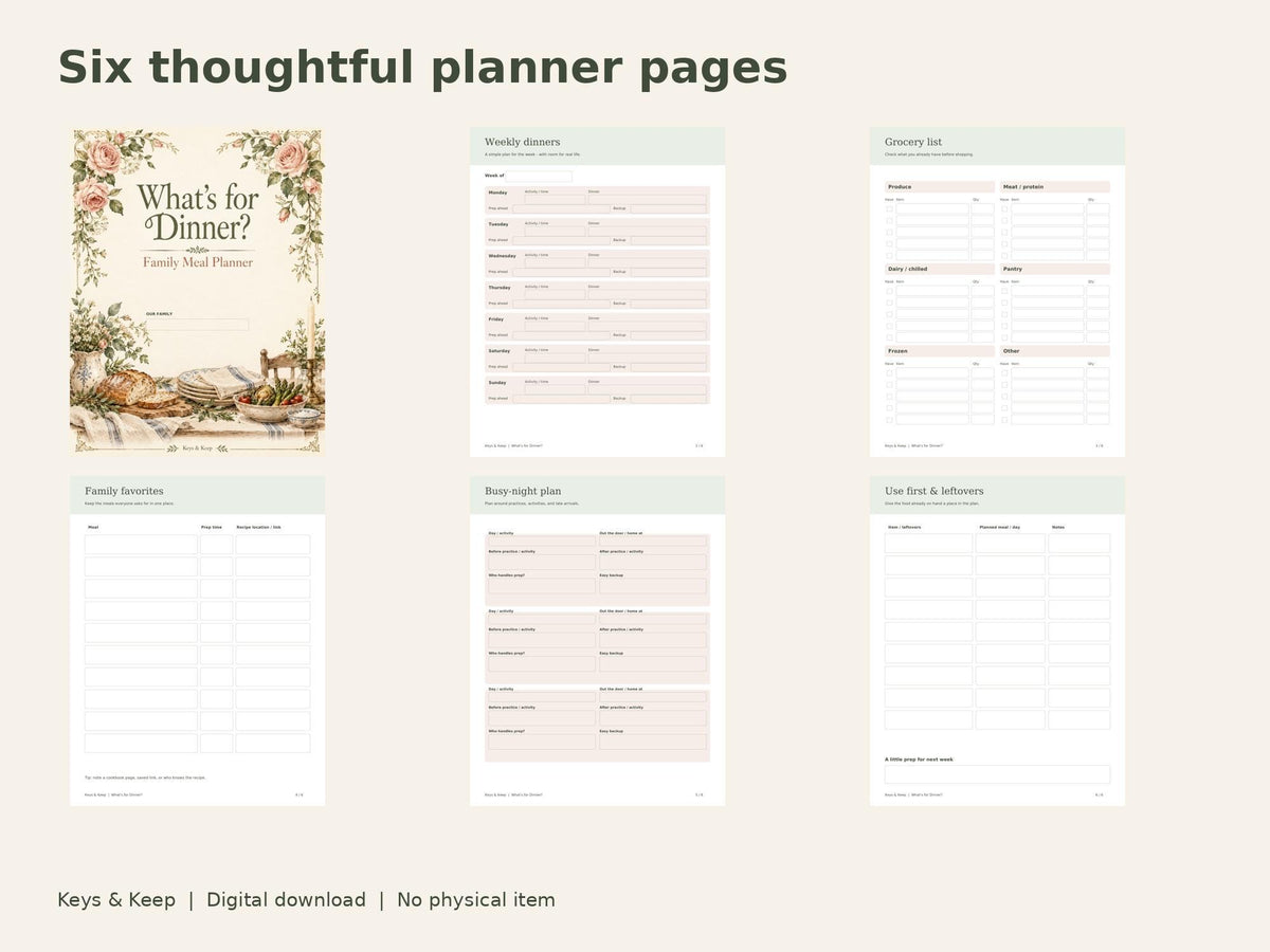 Family Meal Planner | Weekly Dinner Plan, Grocery List and Busy-Night Meals | 6-Page Printable + Fillable PDF