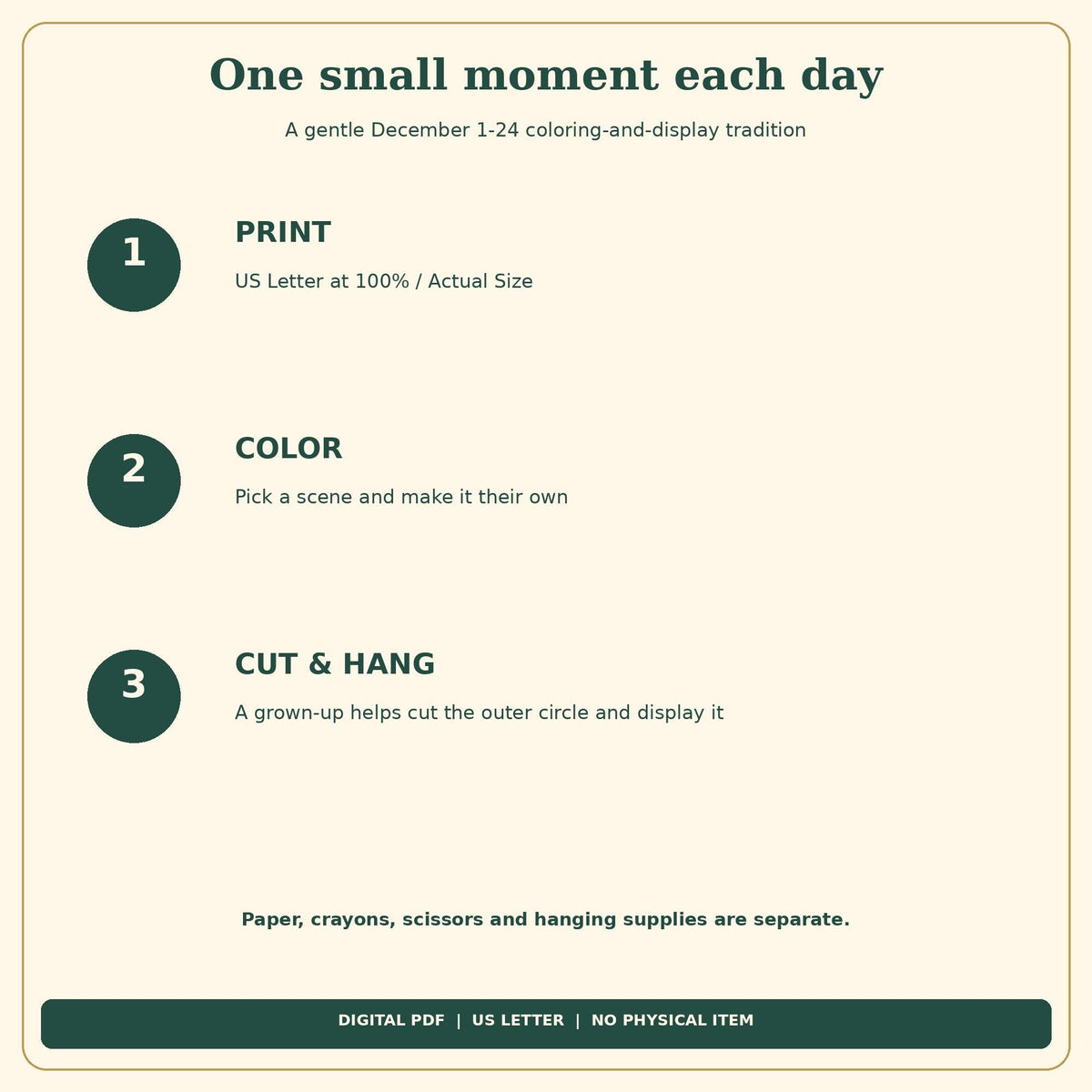 Dinosaur Christmas Countdown Printable | 24 Color and Hang Scenes, Easy Cut Circles | 26-Page PDF