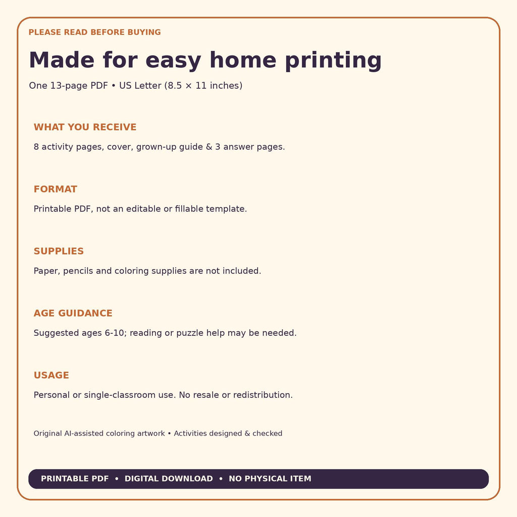 Little Halloween Friends information graphic listing PDF contents, paper size, supplies, and age guidance.