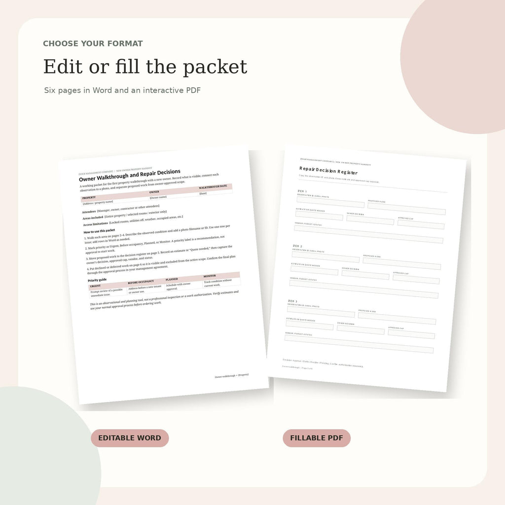 Property Owner Walkthrough Kit | Condition Checklist and Repair Approval Log | Fillable PDF + Editable Word