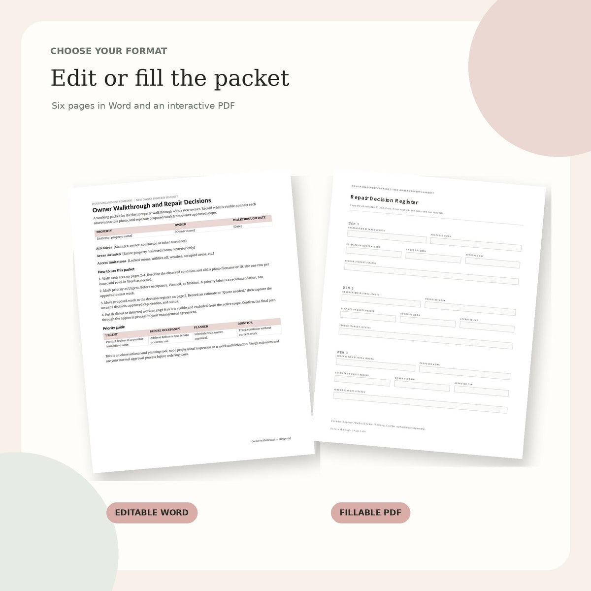 Property Owner Walkthrough Kit | Condition Checklist and Repair Approval Log | Fillable PDF + Editable Word