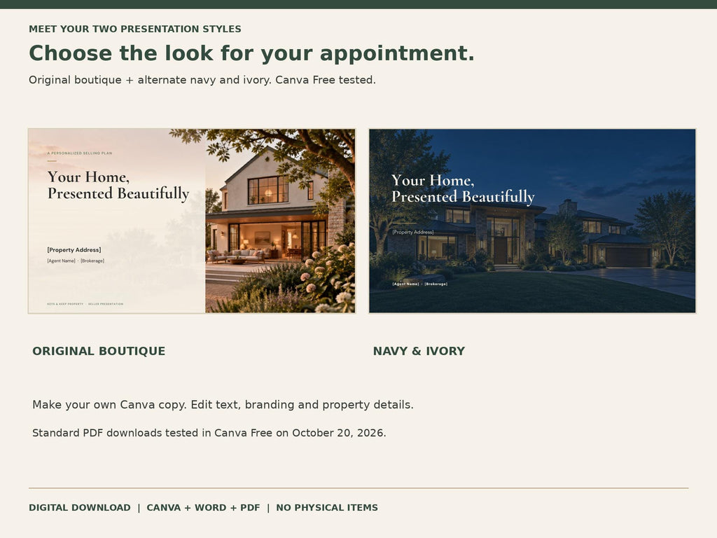 Side-by-side real estate presentation covers in light boutique and dark navy and ivory styles.