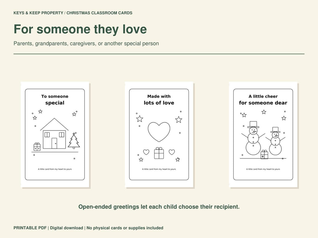 Three Christmas coloring cards featuring a house, hearts and a gift, and a pair of snowmen.