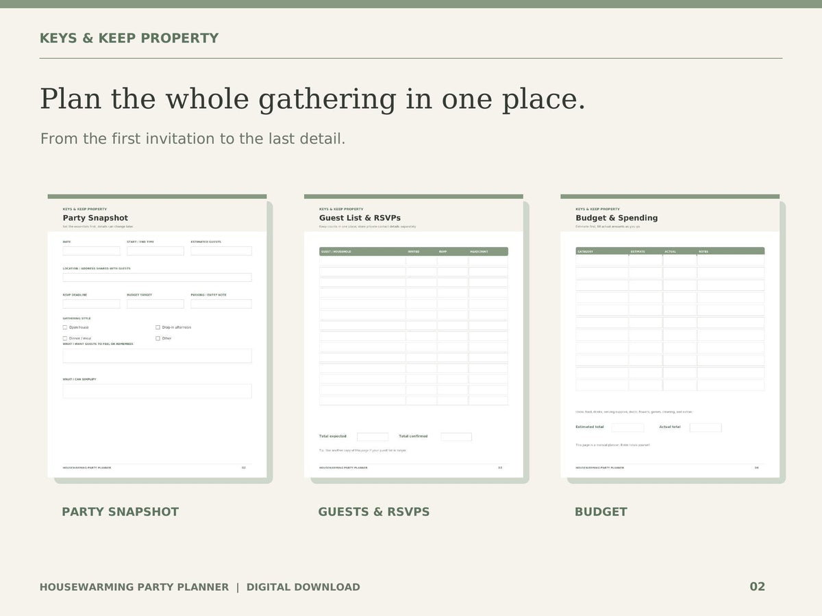 Housewarming Party Planner | Guest List, Budget, Menu and Prep Checklist | 10-Page Printable + Fillable PDF