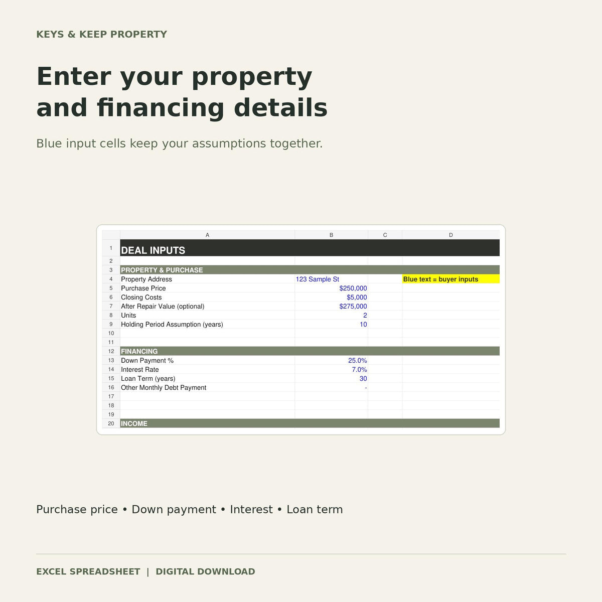 Rental Property Deal Analyzer | Excel + Google Sheets | Cash Flow, Cap Rate & Rental Investment Calculator