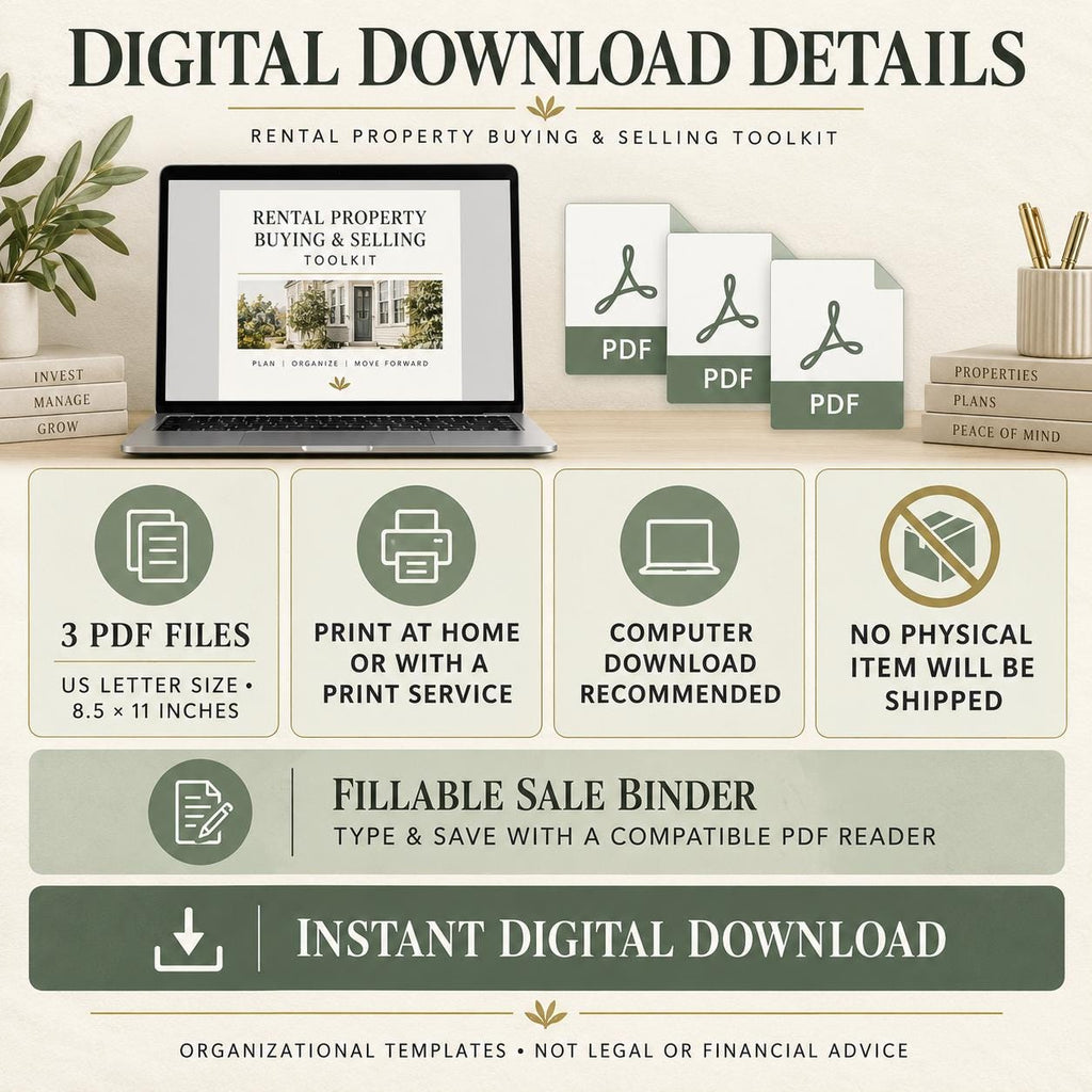 Rental buying and selling toolkit download-details graphic with laptop, three PDF icons, print notes, and fillable format.