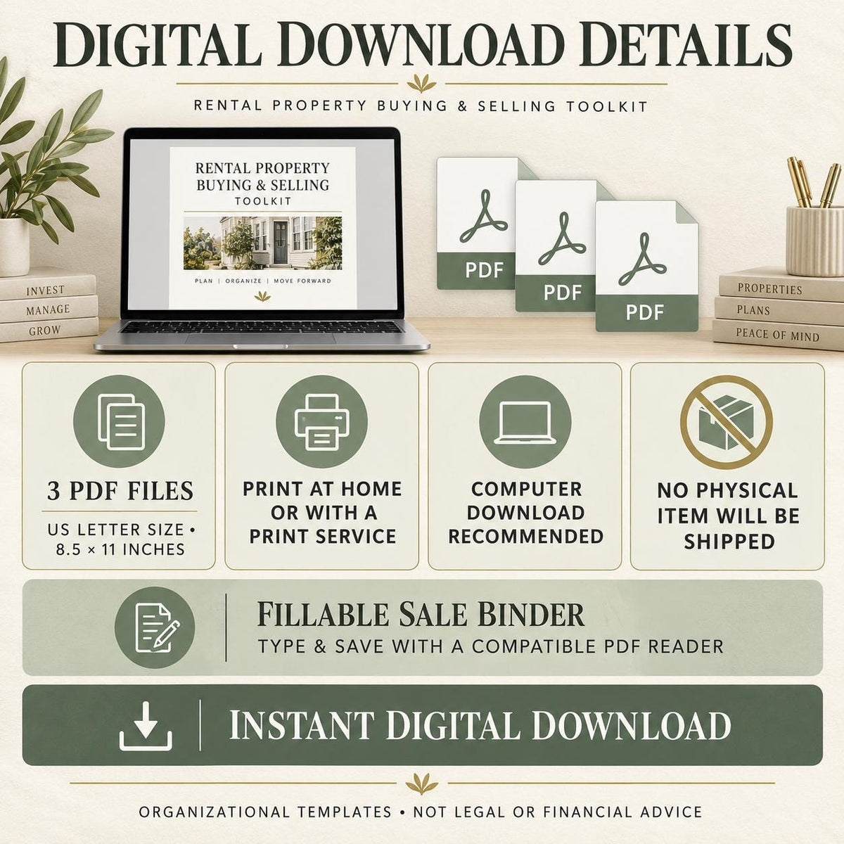 Rental buying and selling toolkit download-details graphic with laptop, three PDF icons, print notes, and fillable format.